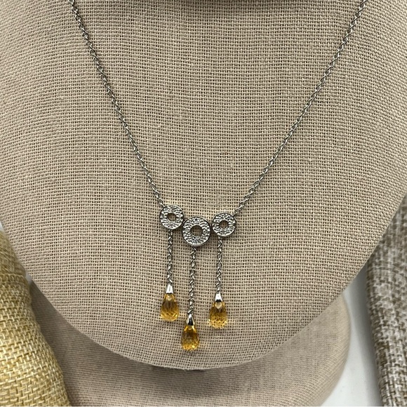 Vintage 10KT White Gold Necklace with Citrine Briolette Drops & Diamond Accents - Picture 10 of 15